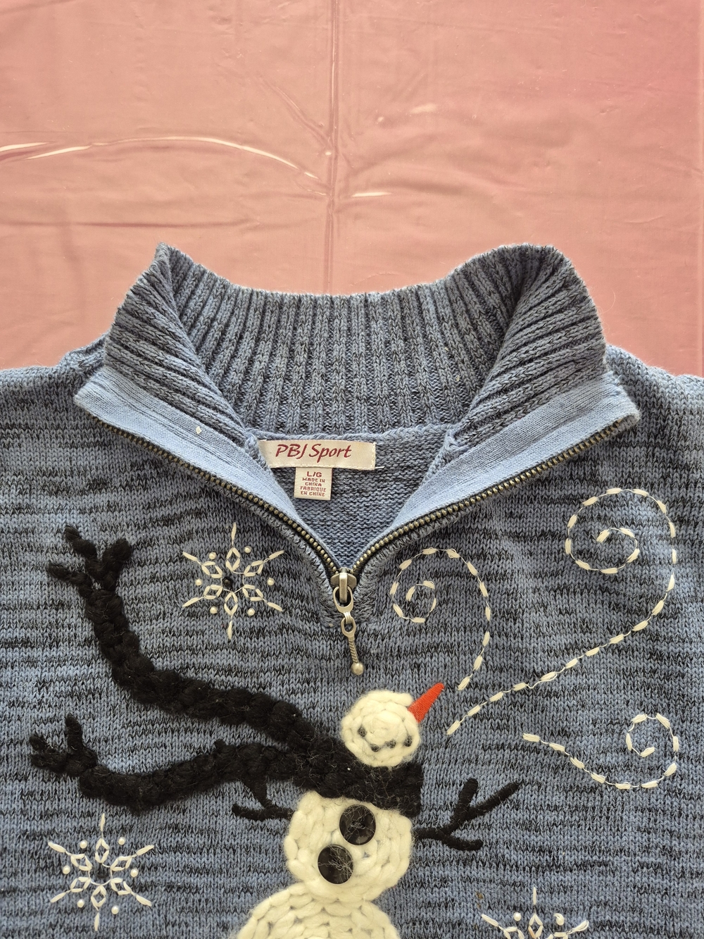 Vintage PBJ Sport Women's Light Blue Snowman 1/4 Zip Holiday Christmas Sweater L